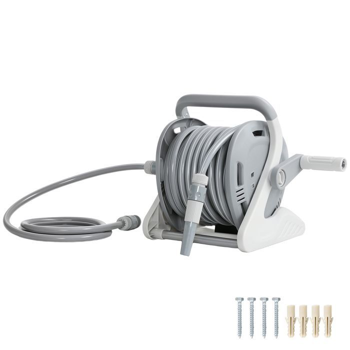Enrollador de manguera de pared - Outsunny - 20+2 m x Ø 15 mm - Boquilla de 2 modos - Plástico - Gris