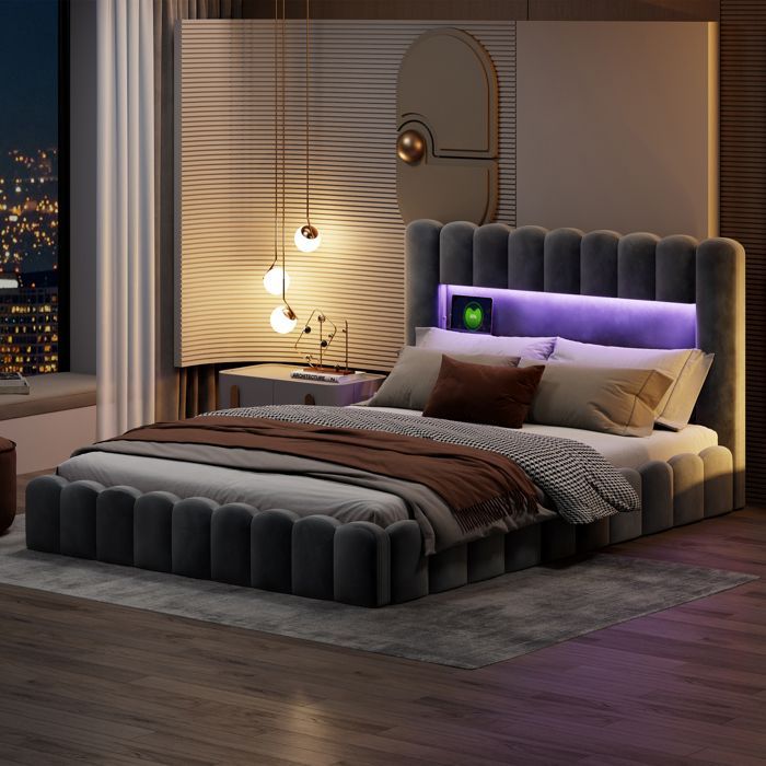 Cama con almacenamiento - PERGAR - 180 x 200 cm - Lino gris - Base de láminas incluida - Almacenamiento USB y LED
