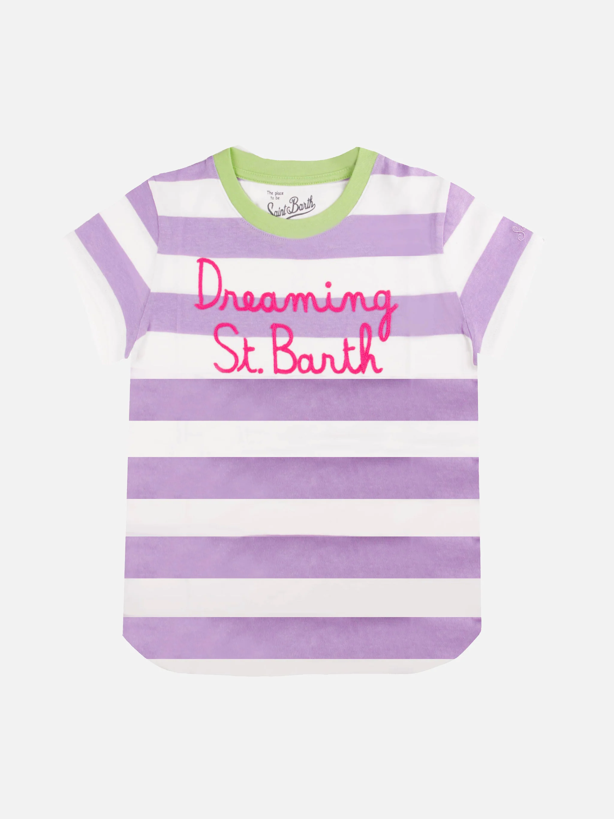 Roze en wit gestreept T-shirt voor meisjes met geborduurde letters.