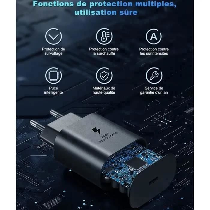 Lot de 2 Chargeur Secteur Rapide 25W + Cable USB C pour SAMSUNG S22 5G-S22 ULTRA 5G-S21 FE 5G-S21-S21 PLUS-S20 etc, Noir
