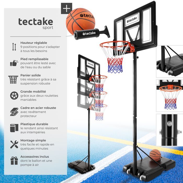 Aro de baloncesto - TECTAKE - Aro DIRK con balón, bomba y 2 redes con ruedas - 230 a 305 cm de altura