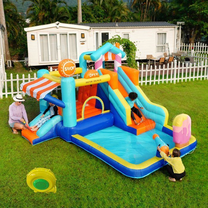 Château gonflable pour enfants, parc aquatique extérieur + trampoline, toboggan, fontaine, magasin de pistolets à eau, auvent