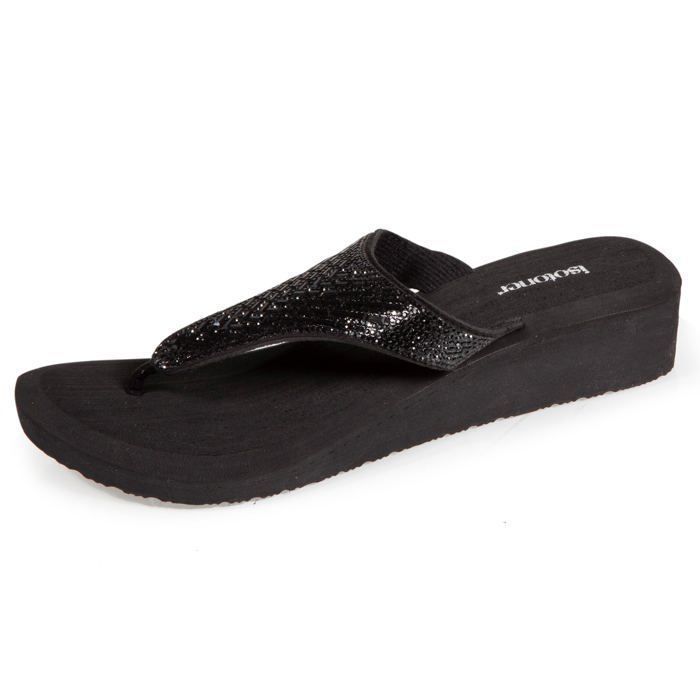 Chanclas Isotoner negras para mujer con tacón de 4 cm y parte superior ancha con cuentas.