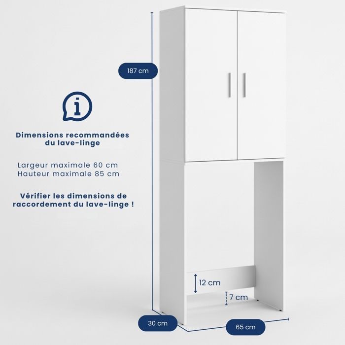Meuble pour machine à laver - 65x30x187 cm -  Armoire pour lave-linge - Meuble rangement  salle de bain buanderie - Blanc