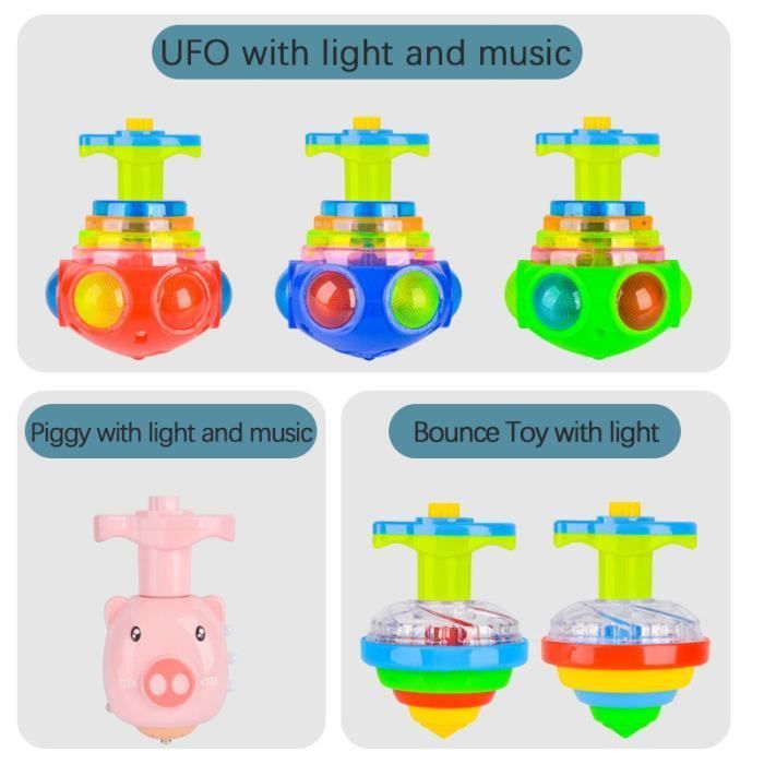 Giocattolo luminoso - UFO - Trottola UFO - 2 pezzi - Maialino LED - Musica