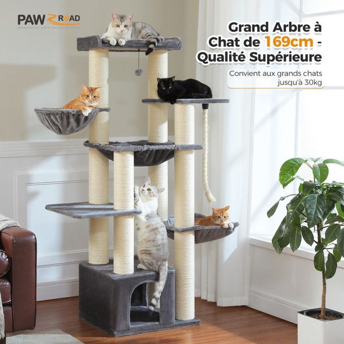 Árvore para Gatos PAWZ Road Grande, com Postes de Sisal XXL de 11cm, Redes Espaçosas, Casinha e Poleiro, 170cm, Cinza Claro