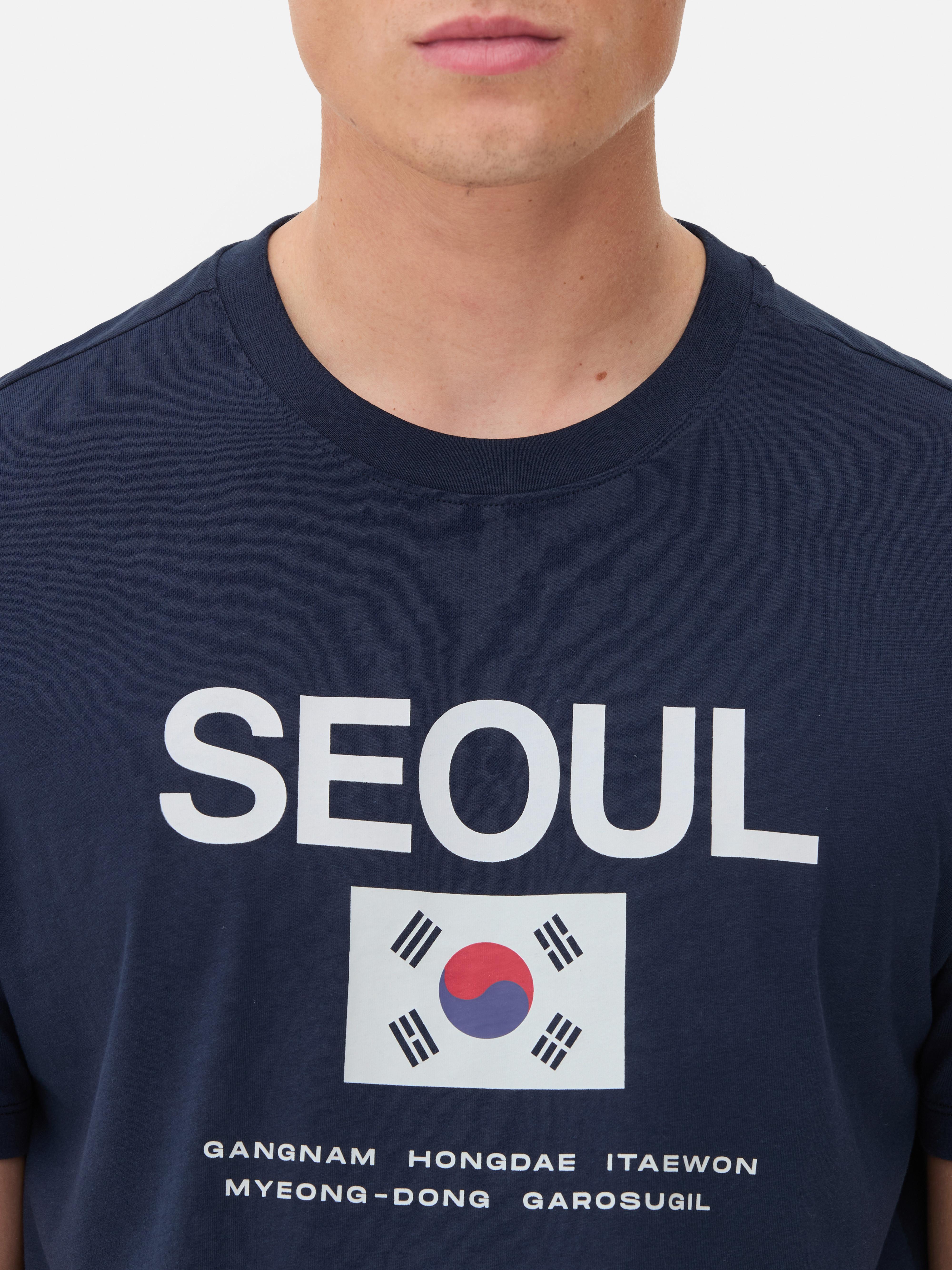 Seoul Print T-Shirt Dieses Rundhals-T-Shirt mit der südkoreanischen Flagge ist ein Must-have für lässige Looks.