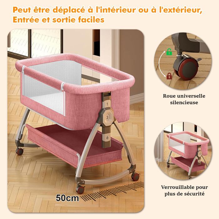 Baby Co-Sleeping Crib with Mattress, Storage Basket, Fixed Strap, 6 Adjustable Heights, Co-Sleeping Crib for Babies 0-18 Months - Pink