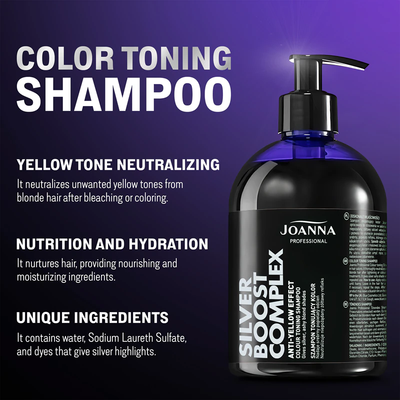 Shampoo roxo Joanna Silver Boost Complex neutraliza tons amarelados.