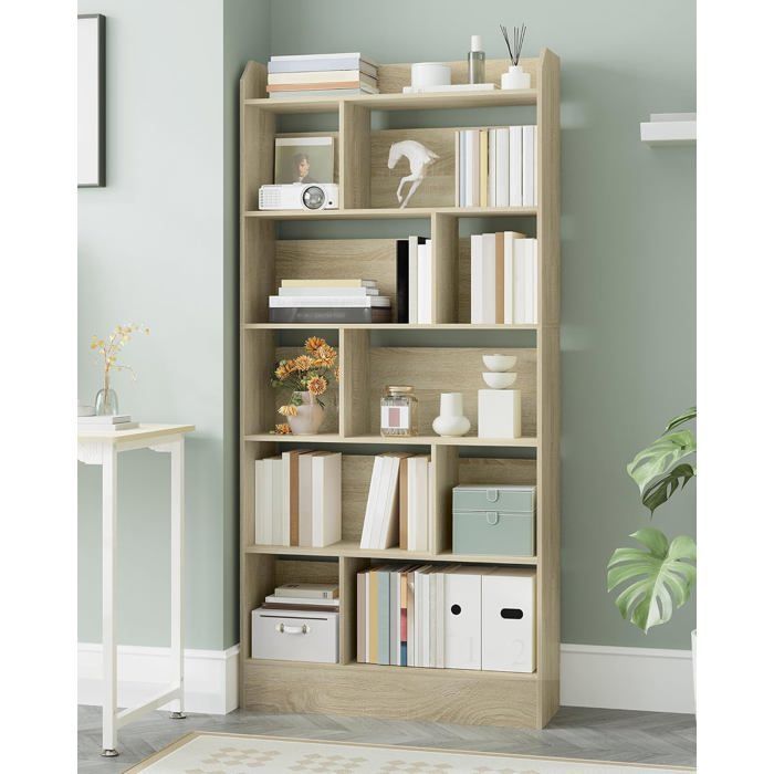 Estantería de 6 niveles, mueble para libros, separador de ambientes, expositor, para salón, dormitorio, oficina, roble beige.