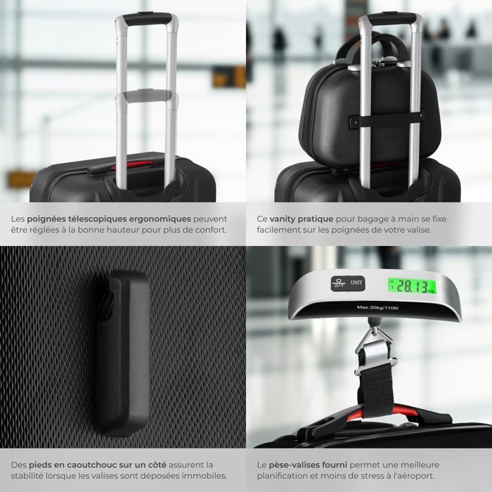Juego de equipaje - TECTAKE - Juego de 4 maletas rígidas CLEO, báscula para equipaje, apilables, ruedas de 360°, cerradura de combinación - Negro
