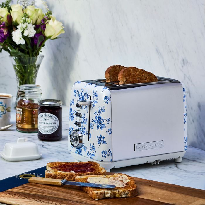 2-slice toaster - Laura Ashley - China Rose - self-centering slots, pastry warmer, various modes, crumb tray.