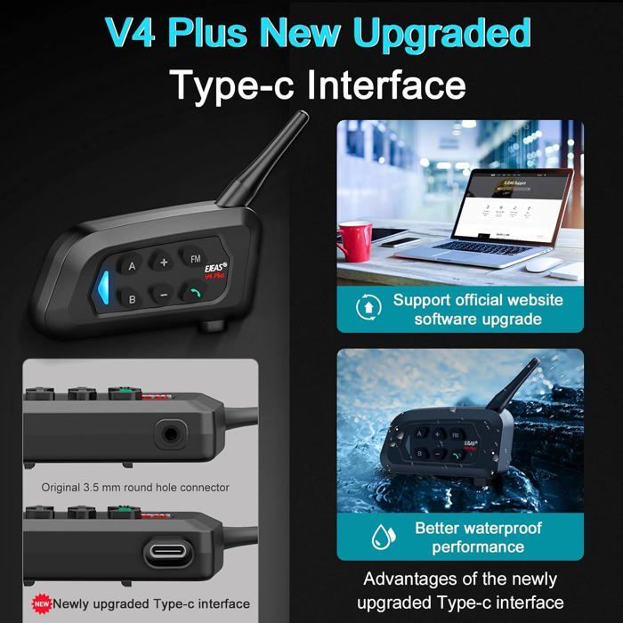 Intercomunicador Bluetooth V4 Plus para motos, 1500 m, comunicación para 4 motos motard, arbitras, esquís y quads.