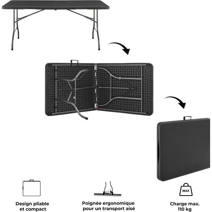Mesa de recepción plegable - TERRANOVA - Negra - Estructura de acero y tablero de polietileno HDPE - 8 personas - 180 x 74 x 73,5 cm
