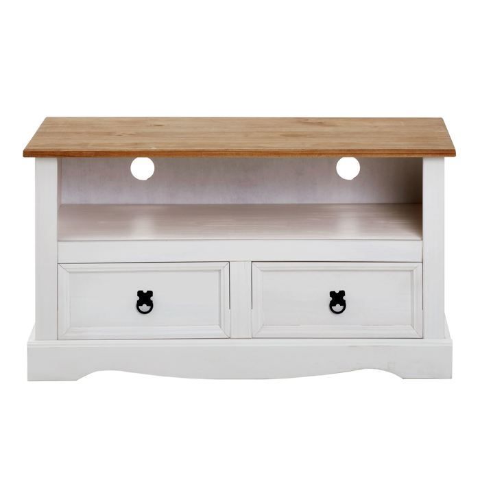 Mueble para TV CAMPO, banco para TV de pino macizo blanco y marrón con 2 cajones y 1 estante, mueble de almacenamiento de madera estilo mexicano.