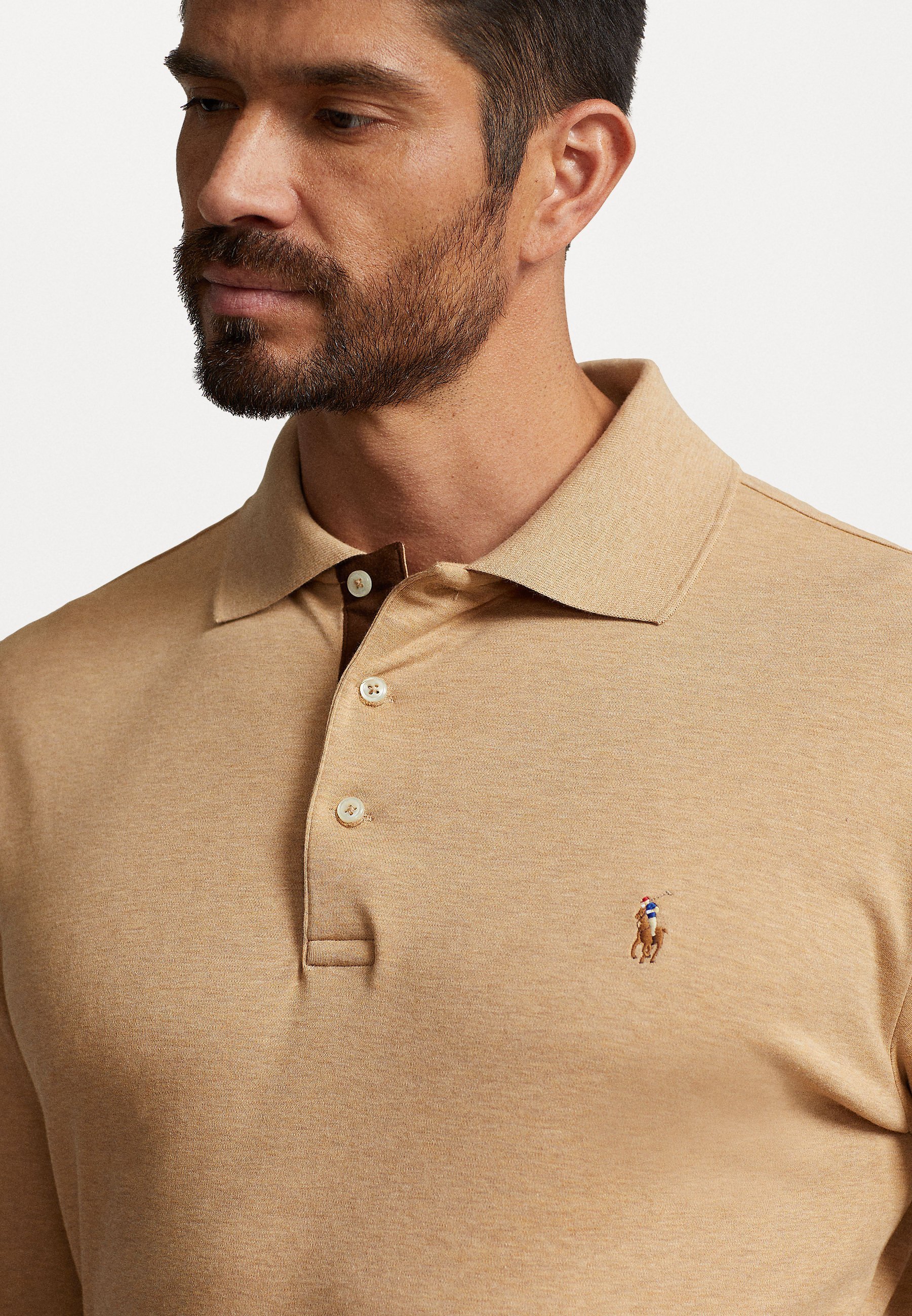 Polo Ralph Lauren Big & Tall Langarm-Poloshirt aus weicher Baumwolle – klassisches Kamelmeliert