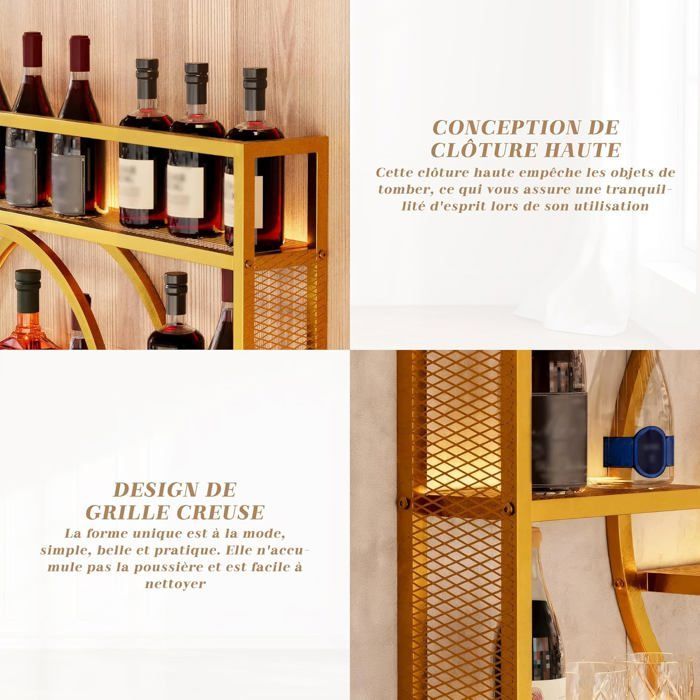 GOOBUY Porte-Verre à Vin en Métal 140cm, Porte Bouteille Mural, Casier à Vin, avec Lumière, Range Bouteille Vin, 140x15x80cm, Or