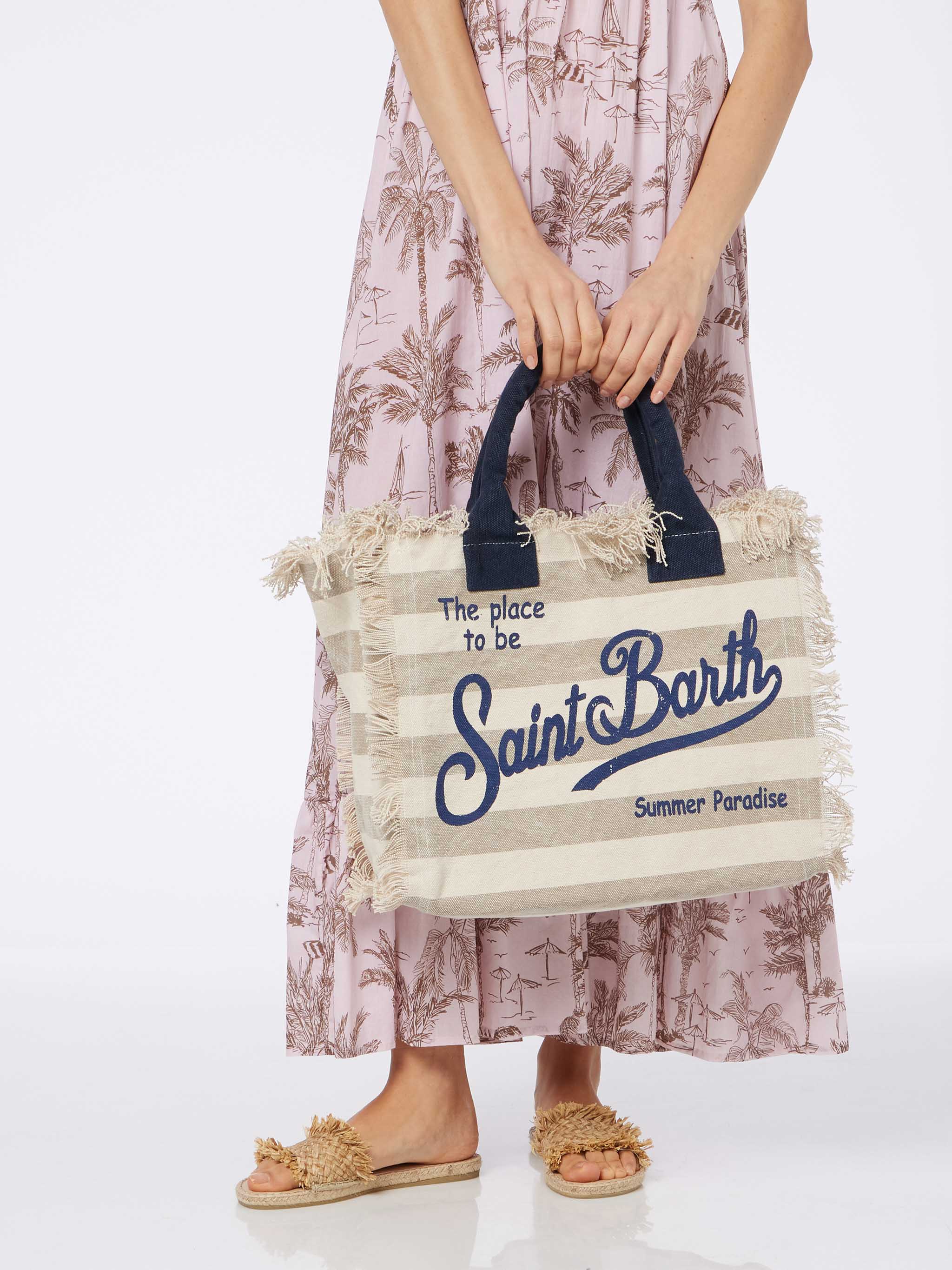 Kosmetiktasche aus Baumwoll-Canvas mit beigefarbenem Streifenmuster