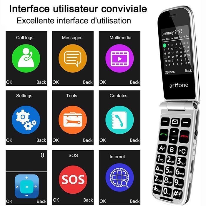 artfone F30 4G Téléphone portable débloqués,téléphone à rabat,téléphones mobiles basiques 1300mAh pour personnes âgées