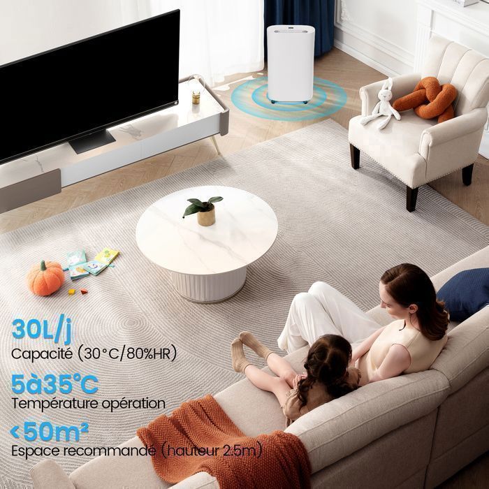 Déshumidificateur d'Air Électrique 30L/Jour - 50m² - 450W - Réservoir 6.5L, Déshumidification/Séchage/Ventilation, Salon/Cave, Blanc