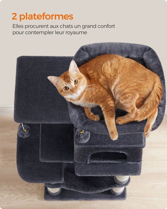 Feandrea Cat Tree, 112 cm High, with 4 Scratching Posts, 2 Platforms, 1 Hideaway, 1 Hammock, 2 Pom-poms, Multi-Level, Grey