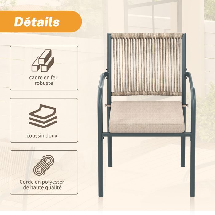 Conjunto de jardín moderno de ratán – Mesa redonda de cristal + 4 sillones, estructura de hierro, para patio o balcón – GRIS