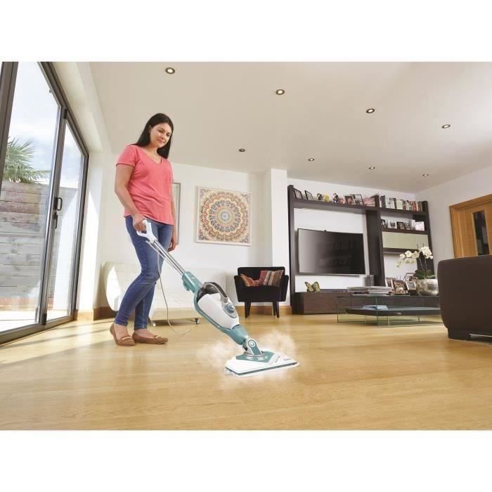 BLACK & DECKER - - Balai vapeur filaire - 11 en 1 - 1600 W - réservoir 500ml (dure 20min) - SteamMitt - blanc/turquoise - BHSM166DSM