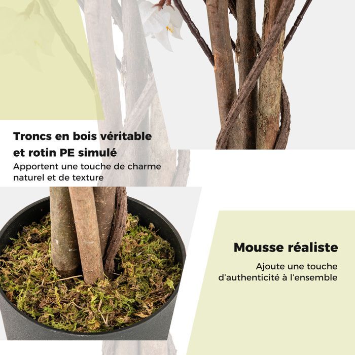 Arbre Artificielle Interieur Bougainvillier -RELAX4LIFE - 120CM - 360 Fleurs - 40 Feuilles - 3 Branches - 2 Rotins et Mousse -Blanc