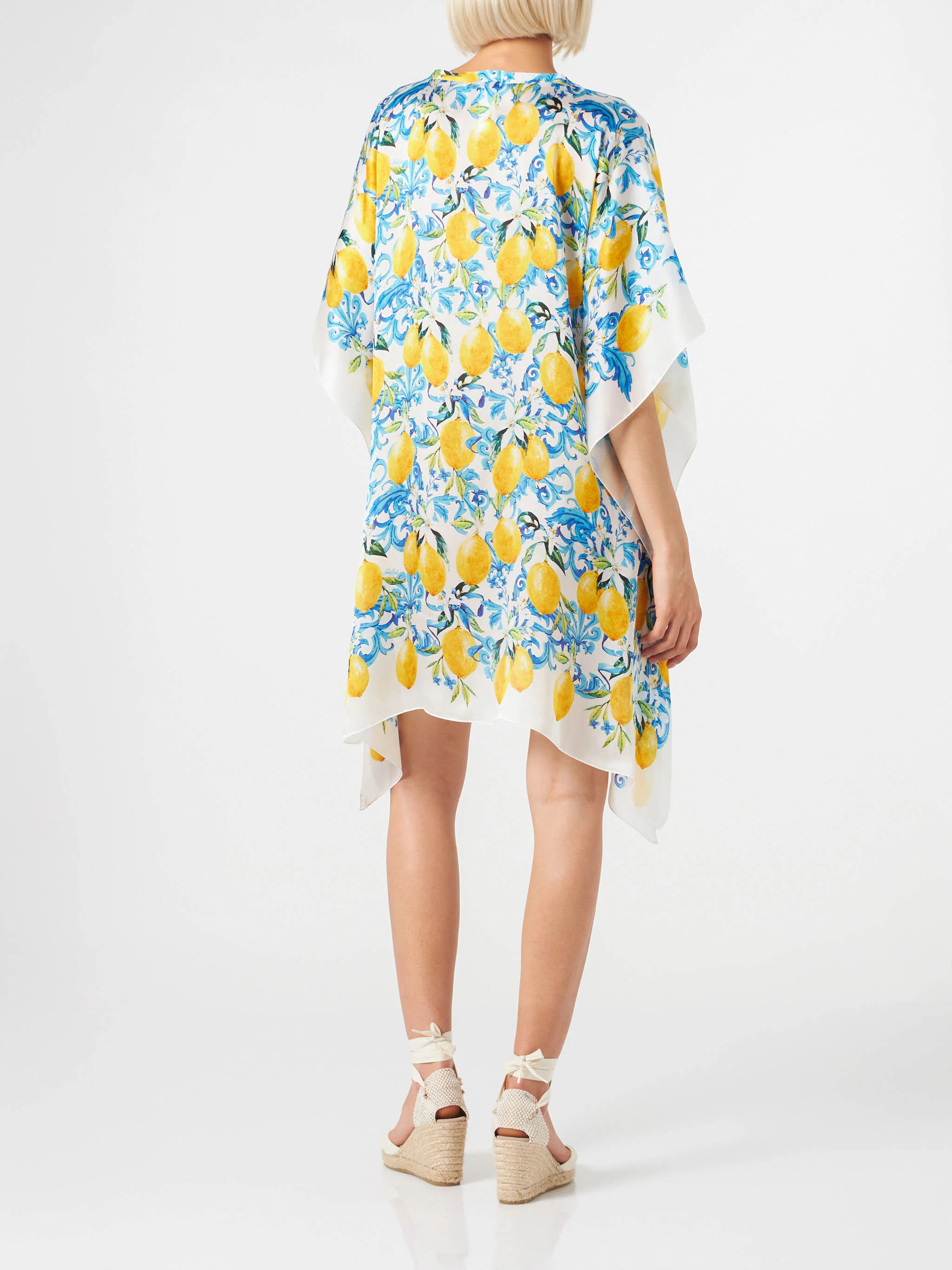 Seidenkaftan mit Zitronen- und Majolika-Print