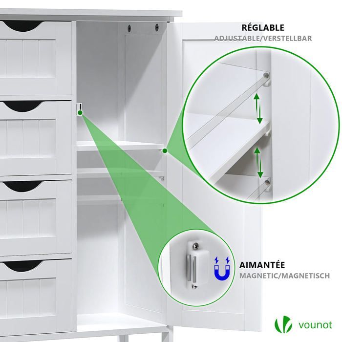VOUNOT® Meuble bas de salle de bain 55x30x82cm - Armoire de rangement avec 4 tiroirs, 1 porte, 1 étagère réglable - Blanc