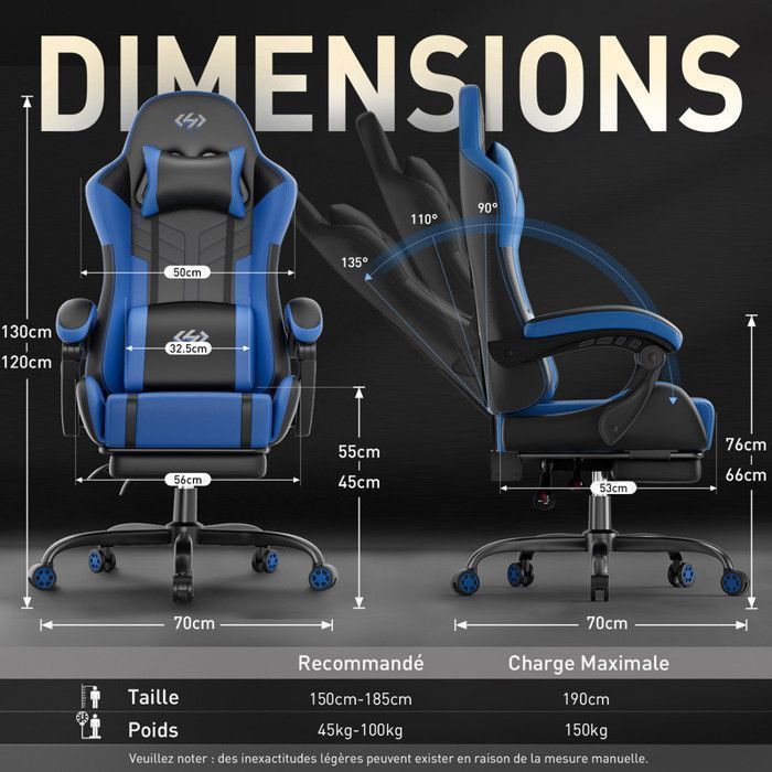 ECOFURNIX Fauteuil de Bureau Massant, Fauteuil Gaming Réglable avec Coussin de Massage Lombaire et Repose-Pieds, Noir et Bleu