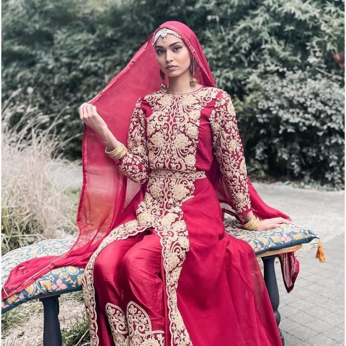 Rotes indisches Kleid – Rouk – Anarkali Churidar Salwar Kameez – Georgette – Goldfaden – Damen