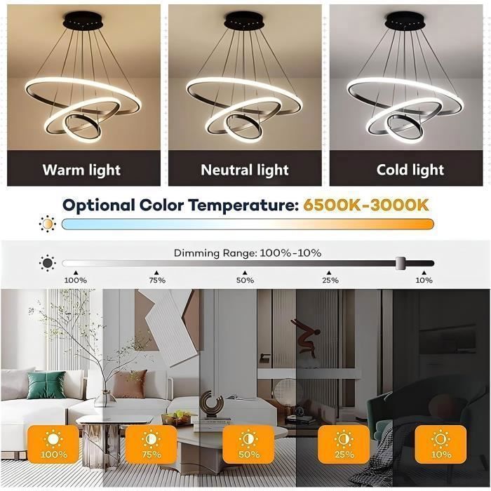 DELIPOP Suspension LED moderne 3 Anneaux Noir Lustre de Plafond dimmable avec télécommande pour salon salle à manger - Ø20+40+60cm