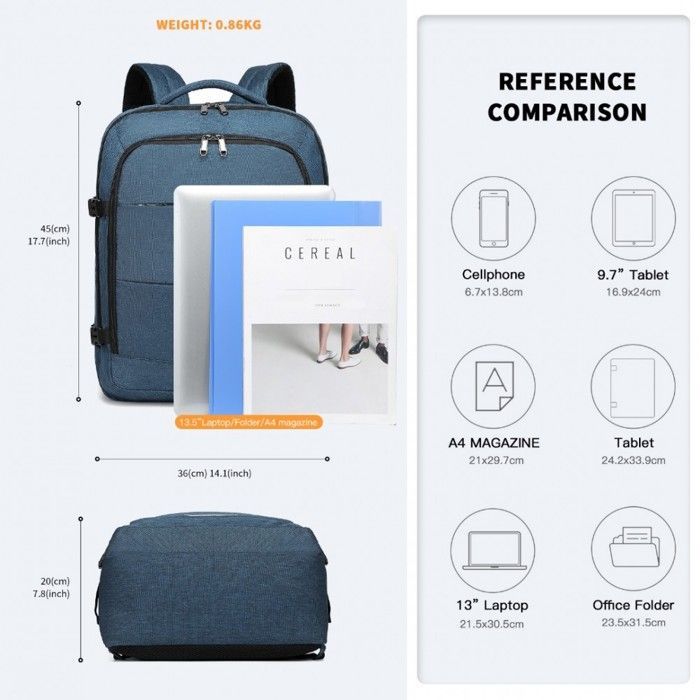 Kono Sac à Dos de Voyage 36x20x45cm Bagage à Main Approuvé comme Valise Cabine Sac pour Avion 30L Grande Capacité Homme
