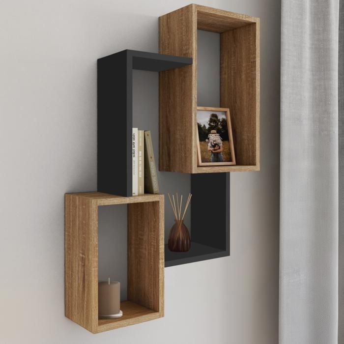 IDMARKET Etagère murale double position LOUANE bois façon hêtre et noir