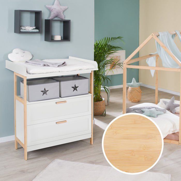 Commode à Langer ROBA - Berlin - 2 Tiroirs + 2 Boîtes de Rangement en Tissu - Meuble à Langer Évolutif - Blanc - Bambou