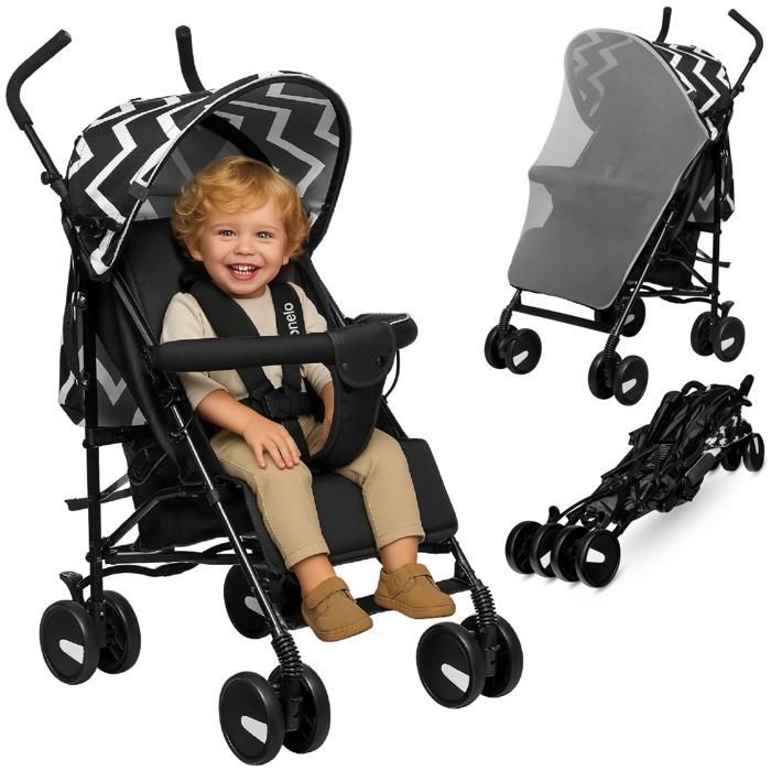 Poussette canne compacte LIONELO Elia - Tres Légère - 6-36 mois - Moustiquaire incluse - Amortisseurs avant - Noir/Blanc