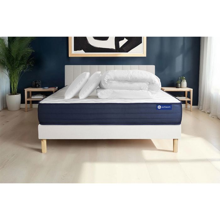 Set letto completo 160x200 cm - Materasso + Base letto bianca (montaggio richiesto) + 2 cuscini + Piumino - Actilatex L