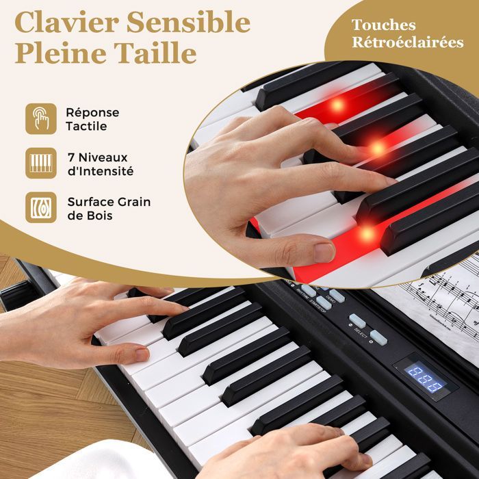 Teclado de piano electrónico de 88 teclas sensibles al tacto con taburete - COSTWAY - Soporte ajustable - MIDI - Duo Play - Pedal de sustain - Funda - Negro