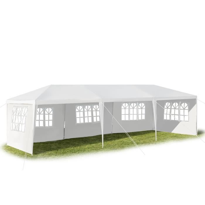 Tenda da festa pieghevole DREAMADE 3x9 m con struttura in tubi di ferro, gazebo in tessuto PE a 5 strati, padiglione da giardino con 3 finestre per feste, bianca