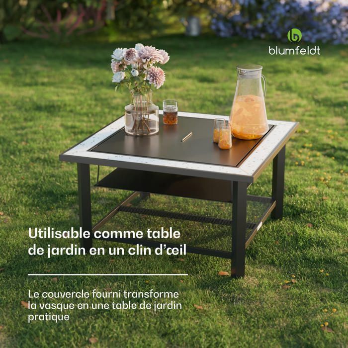 Blumfeldt Merano Braséro 3 en 1 avec fonction barbecue utilisable comme table 87 x 87 cm Noir