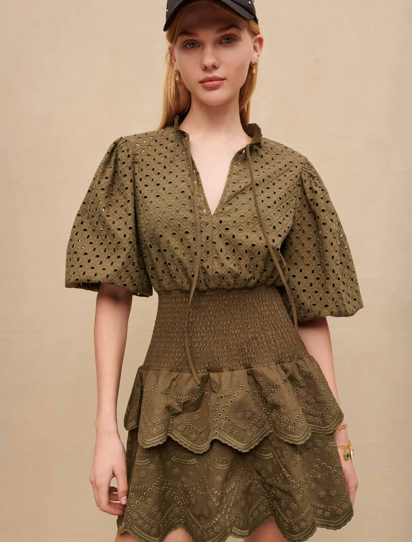 Korte jurk met broderie anglaise - Kaki