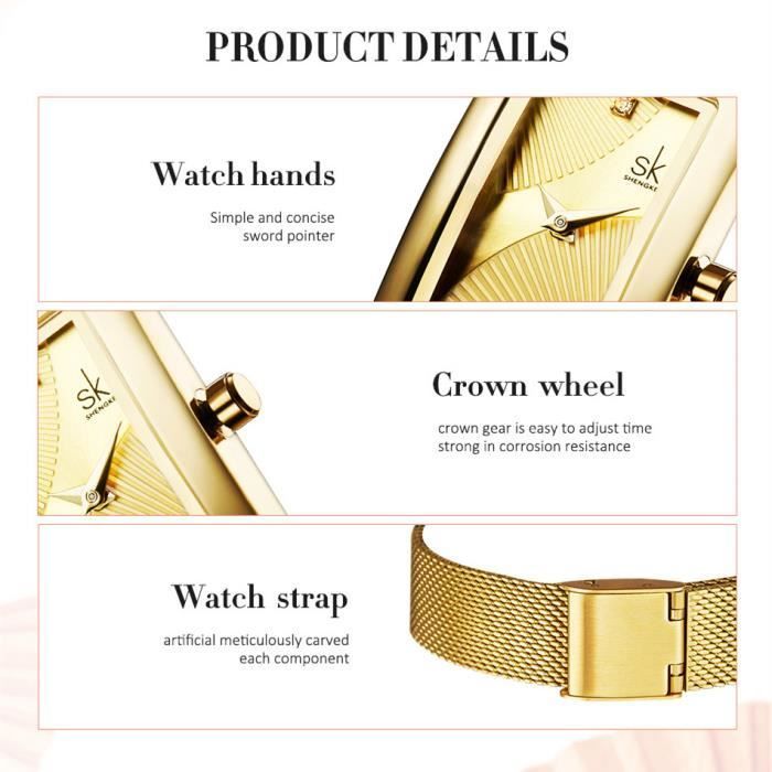 Reloj SHARPHY dorado para mujer con brazalete cuadrado, cuarzo, resistente al agua.