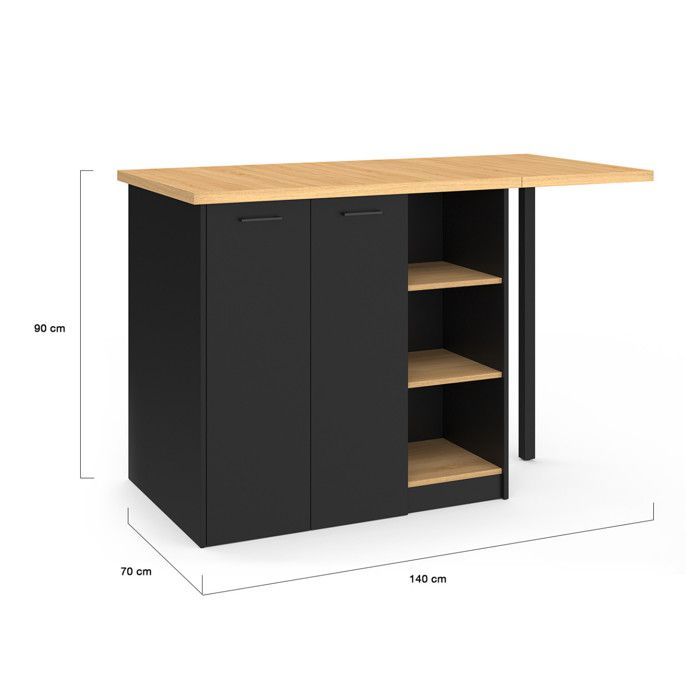 Isla central IDMARKET CESAR de 140 cm para 5 personas, madera negra con encimera efecto haya.