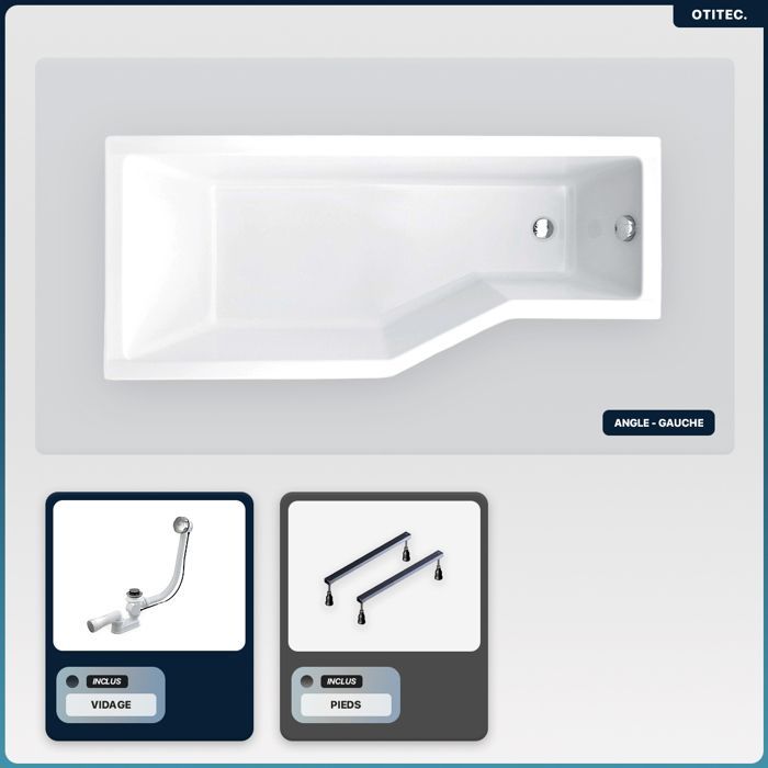 Banheira assimétrica para o lado esquerdo - OTITEC - INTEGRA - 150x75 cm - Ralo automático - Acrílico branco