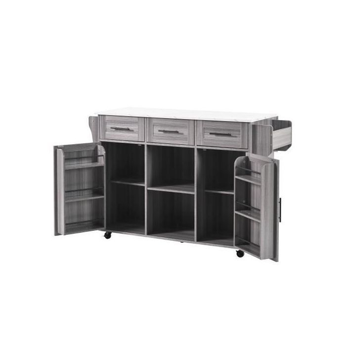 Multifunctionele houten keukentrolley met verrijdbaar opbergvak en werkblad - met lade - B139 x D46(71) x H91,5 cm - Grijs