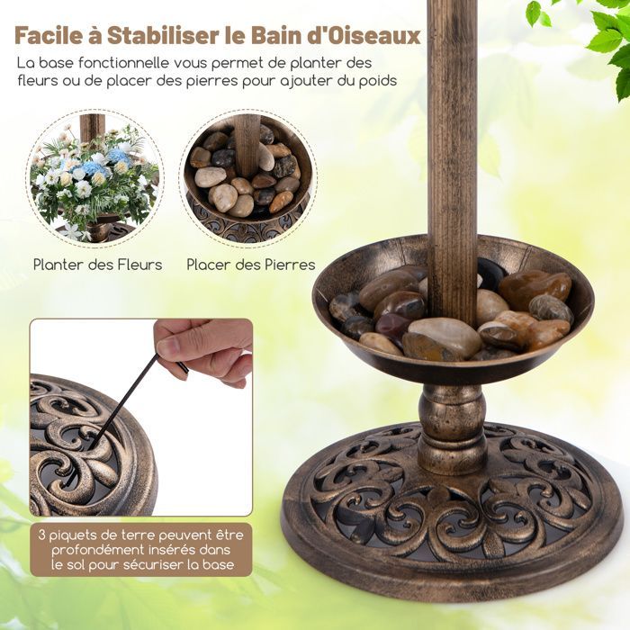 COSTWAY Mangeoire à Oiseaux sur Piédestal Extérieur, Lumières Solaires LED, Bol en Feuille de Lotus et Jardinière, Bronze antique