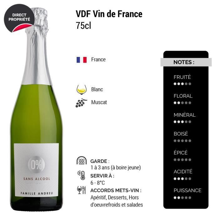 0% sans alcool - Blanc - Bruno Andreu - Vin de France - Vin Blanc (6x75cl) Effervescent Sans Alcool