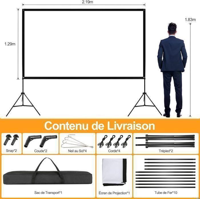 Tela de Projeção de Vídeo Portátil VISULAPEX de 100 Polegadas com Tripé, 4K HD 16:9, Leve e Fácil de Montar