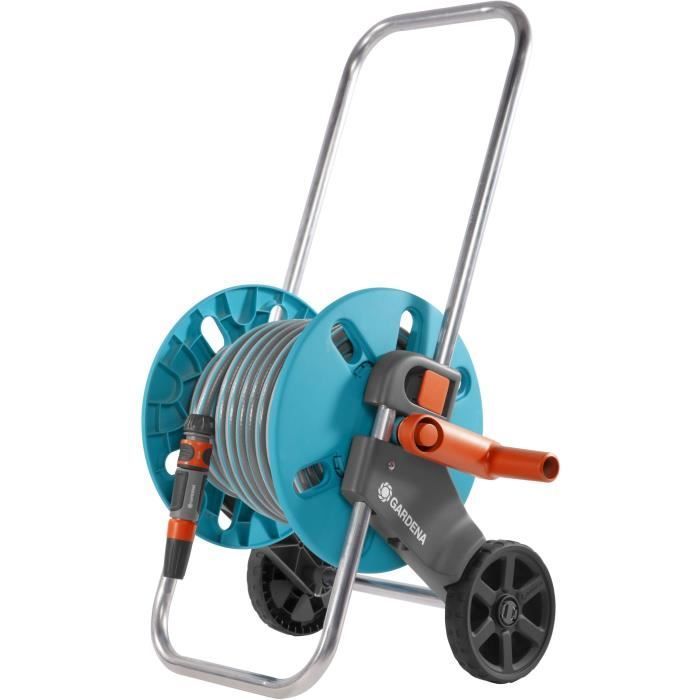 Enrollador de manguera GARDENA CleverRoll S con ruedas - Longitud 20 m - Ø13 mm - con lanza pulverizadora, accesorios y conector para grifo (18502-35)